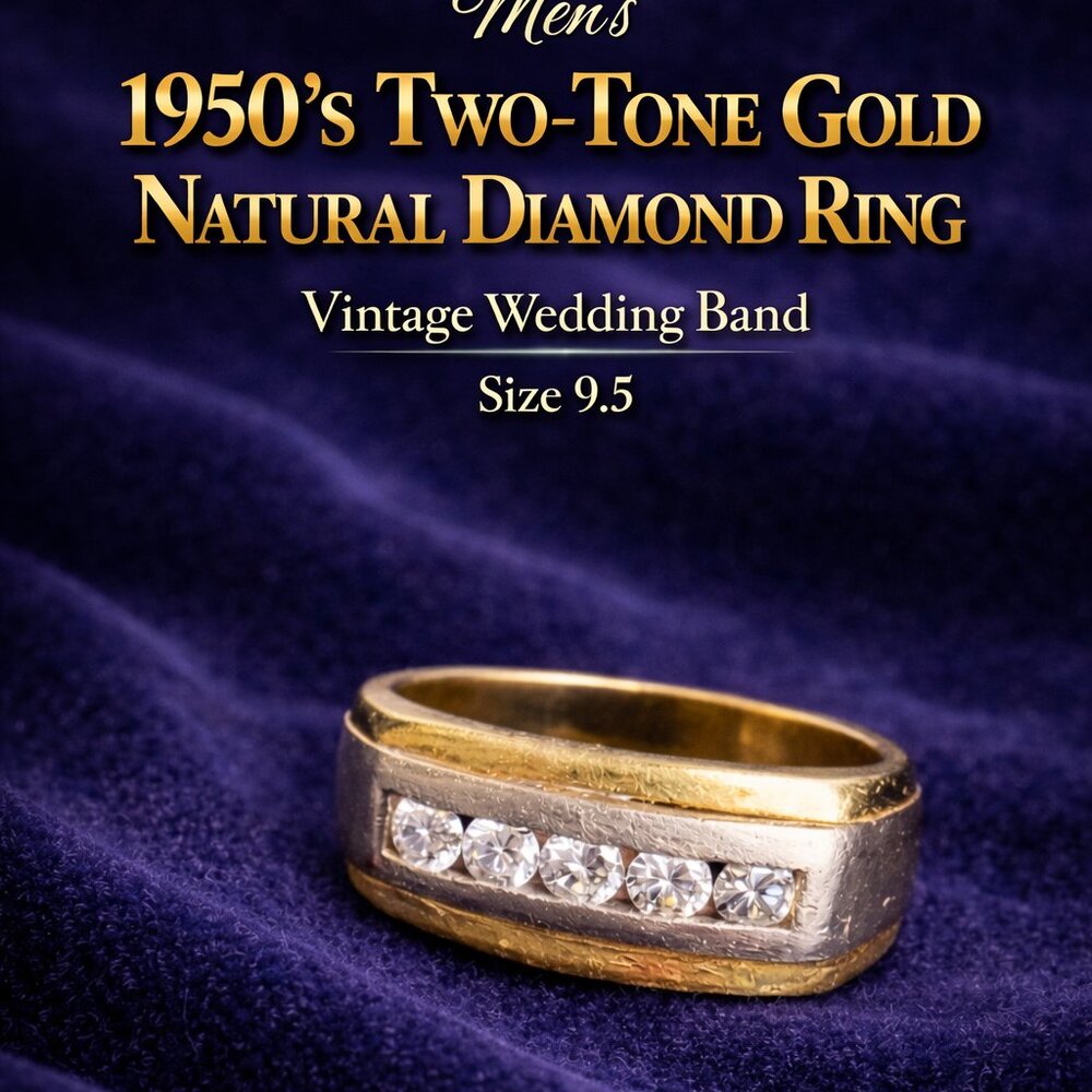 14K Yellow & White Gold Ring With (5) Natural Diamonds, Size 9.5,